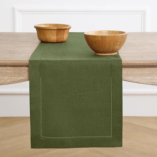 Solino Home Linen Table Runner 48 Inches - 100% Pure Linen Olive Hemstitch Table Runner 14 x 48 Inch Ideal for Dresser and Coffee Tables - Classic Hemstitch - Christmas, New Year
