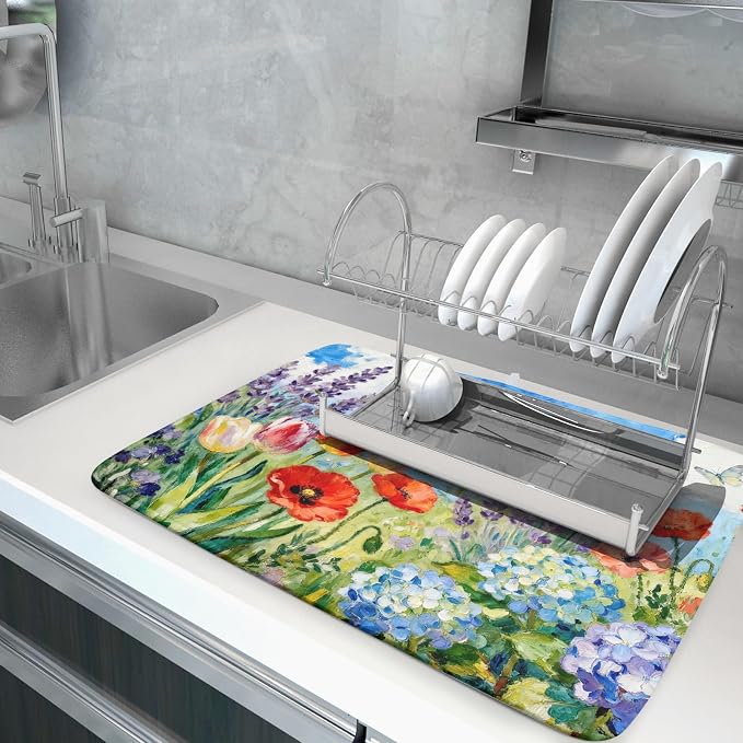 Spring Floral Dish Drying Mat for Kitchen Counter 18x24 Green Purple Blue - Image 5