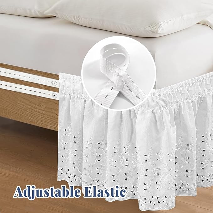 King Bed Skirt, Wrap-Around Elastic Ruffled Eyelet Bed Skirt King Size Dust Ruffle with Gathered Styling and Embroidered Details, 18" Drop Length (White)