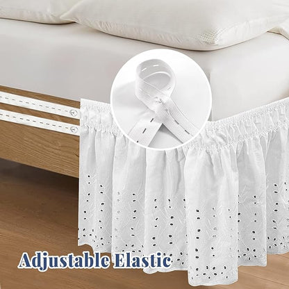 King Bed Skirt, Wrap-Around Elastic Ruffled Eyelet Bed Skirt King Size Dust Ruffle with Gathered Styling and Embroidered Details, 18" Drop Length (White)