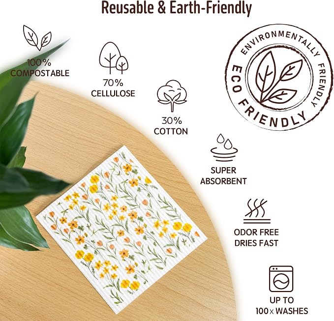 Swedish Dishcloths for Kitchen, 5 Pack Flowers Reusable Paper Towels Washable - Image 3