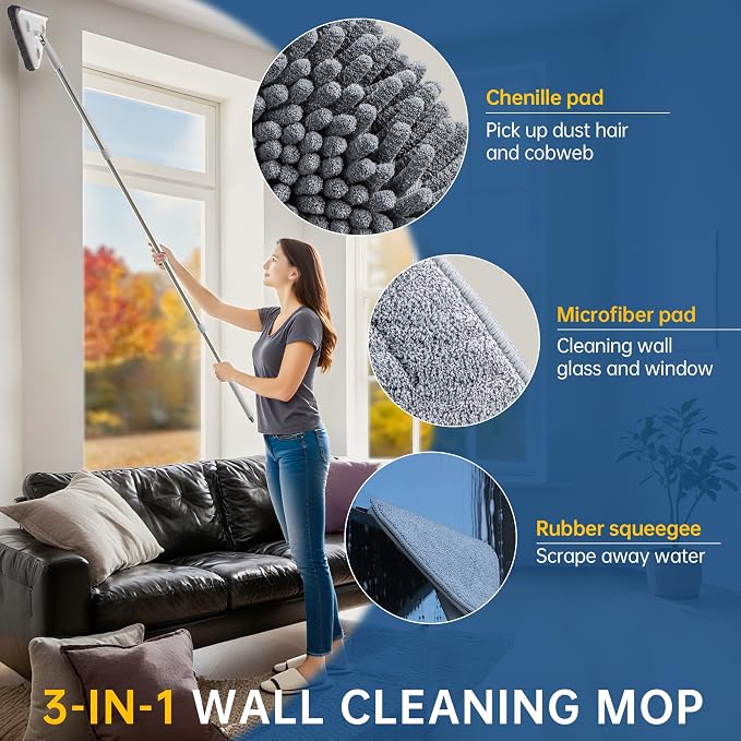 Wall Cleaner Mop with Long Handle, Wall Duster with Extension Pole, 3-in-1 Wall - Image 2