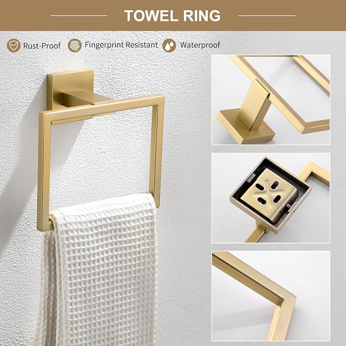 TQKAG 6-Piece Bathroom Towel Bar Sets Brushed Gold 23.6 inch Towel Bar - Image 4