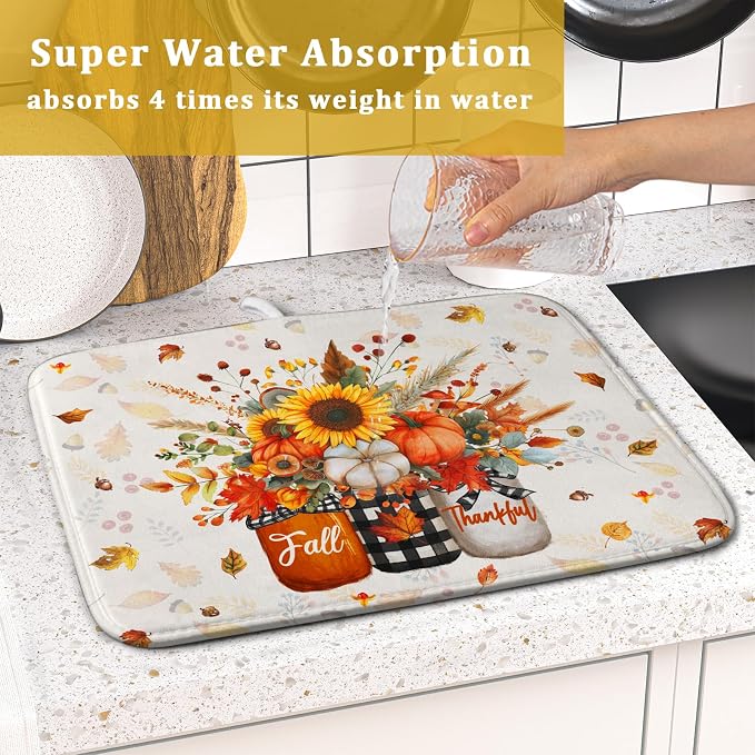 Autumn Pumpkin Dish Drying Mat 16x18 Inch Sunflower Flower Vase Washable - Image 7