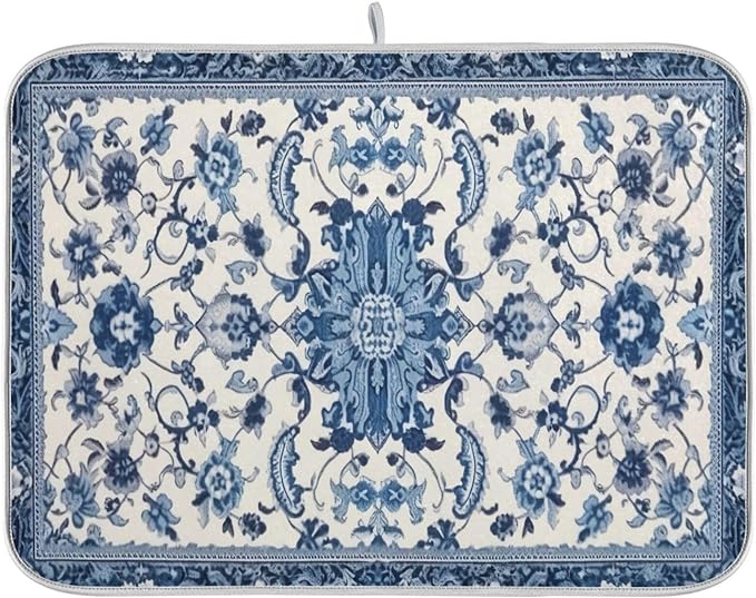 Dish Drying Mat Kitchen Counter Absorbent Blue and White Pattern Coffee Sink by Unknown