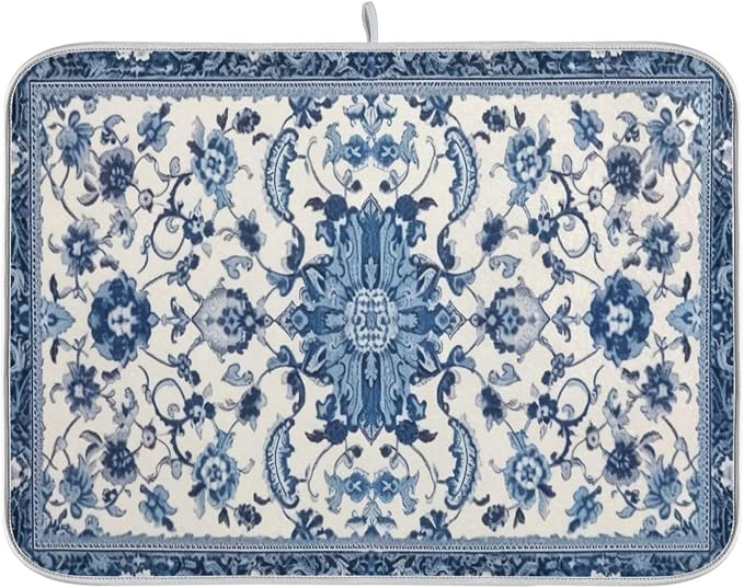 Dish Drying Mat Kitchen Counter Absorbent Blue and White Pattern Coffee Sink by Unknown