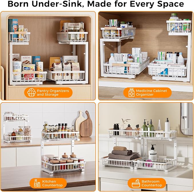 Under Sink Organizer, 2 Pack 2 Tier Under Sink Organizers and Storage, Slide - Image 2