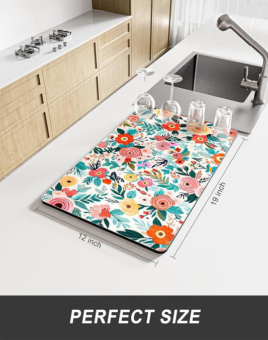 Rnivvi Dish Drying Mat for Kitchen Counter, 12 x 19" Cute Flower Super - Image 2