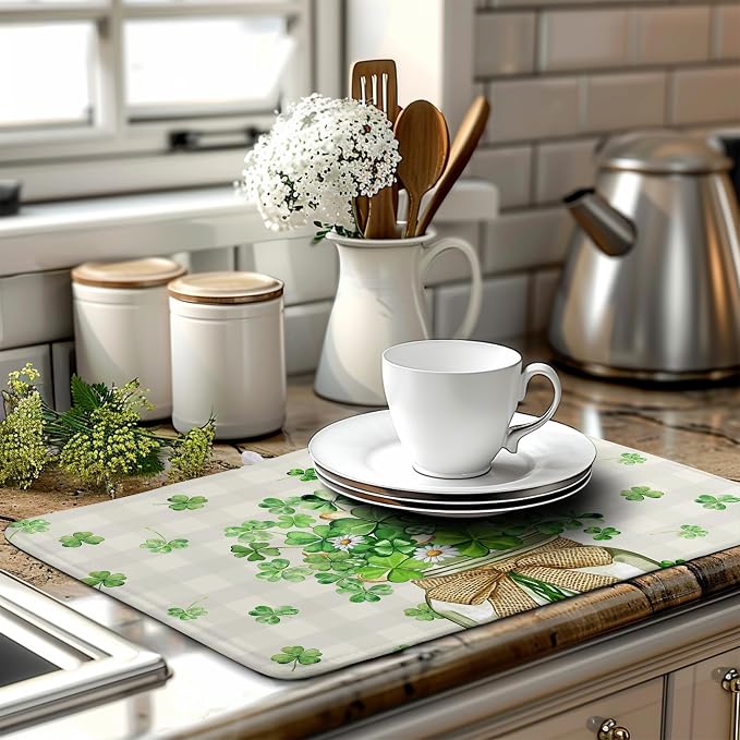 St Patricks Day Shamrock Dish Drying Mat Green Spring Kitchen Dishes Drying Pad - Image 6