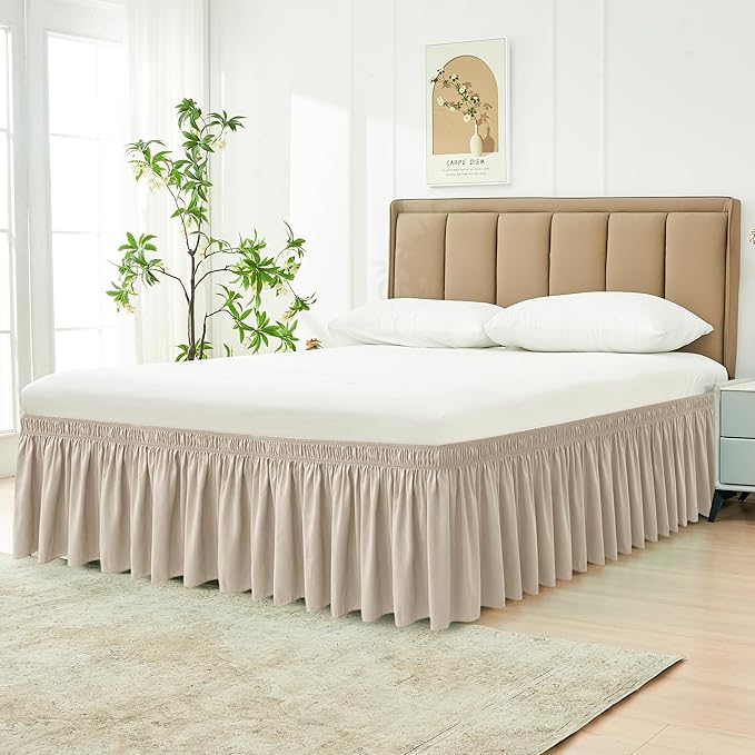 Biscaynebay Wrap Around Bed Skirts for Queen Beds 16" Drop, Light Camel Adjustable Elastic Dust Ruffles Easy Fit Wrinkle & Fade Resistant Silky Luxurious Fabric Solid Machine Washable