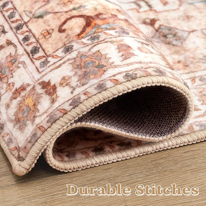 SERISSA 4x6 Boho Bedroom Rug, Washable Non Slip Vintage Peach Cream Area Rugs, Ultra Soft Print Distressed Tribal Entry Rug Low-Pile Throw Carpet for Nursery Dorm Kitchen Living Room Decor