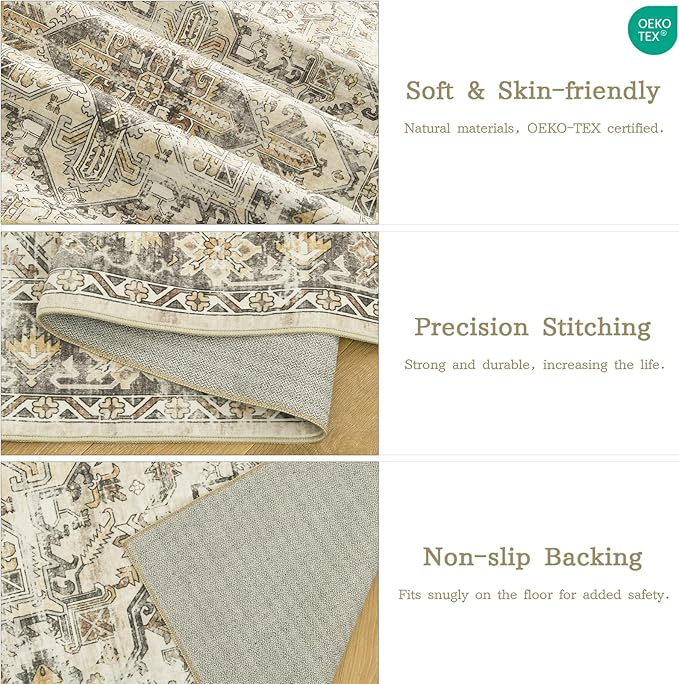 zesthome 6x9 Area Rug, Super Soft Washable Rugs for Living Room, Non-Slip Stain Resistant Vintage Rugs, Ultra-Thin Large Area Rugs (Beige/Brown,6'x9')