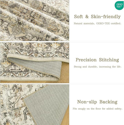 zesthome 6x9 Area Rug, Super Soft Washable Rugs for Living Room, Non-Slip Stain Resistant Vintage Rugs, Ultra-Thin Large Area Rugs (Beige/Brown,6'x9')