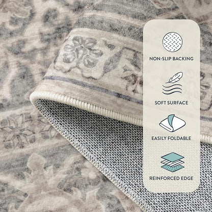 Lahome Oriental Kitchen Runner Rug Non Slip, 2x5 Washable Hallway Runner with Rubber Backing, Vintage Hallway Rug Ultra-Thin Soft Carpet for Bedroom Bathroom, Grey/Brown