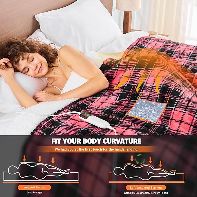 Pink Heated Weighted Blanket for Adults Queen Size 15Lbs 60"x80", 2-in-1 Electric Heating Pad Lap Heavy Blanket for 140-160lbs for Couch Bed, 10 Level 1-8H Auto Off, Birthday Gifts for Women Mom Girls