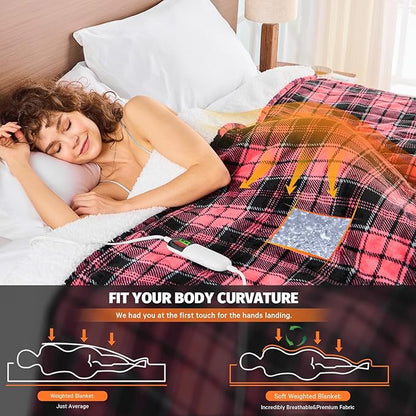 Pink Heated Weighted Blanket for Adults Queen Size 15Lbs 60"x80", 2-in-1 Electric Heating Pad Lap Heavy Blanket for 140-160lbs for Couch Bed, 10 Level 1-8H Auto Off, Birthday Gifts for Women Mom Girls