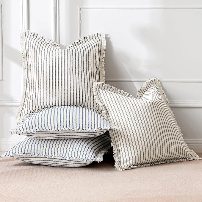 MIULEE Gray Pack of 2 Pillow Covers 18x18 Inch Striped Farmhouse Couch Throw Pillow Covers with Fringe Chic Linen Decorative Cushion Covers for Sofa Living Room Bed Outdoor Home Decor