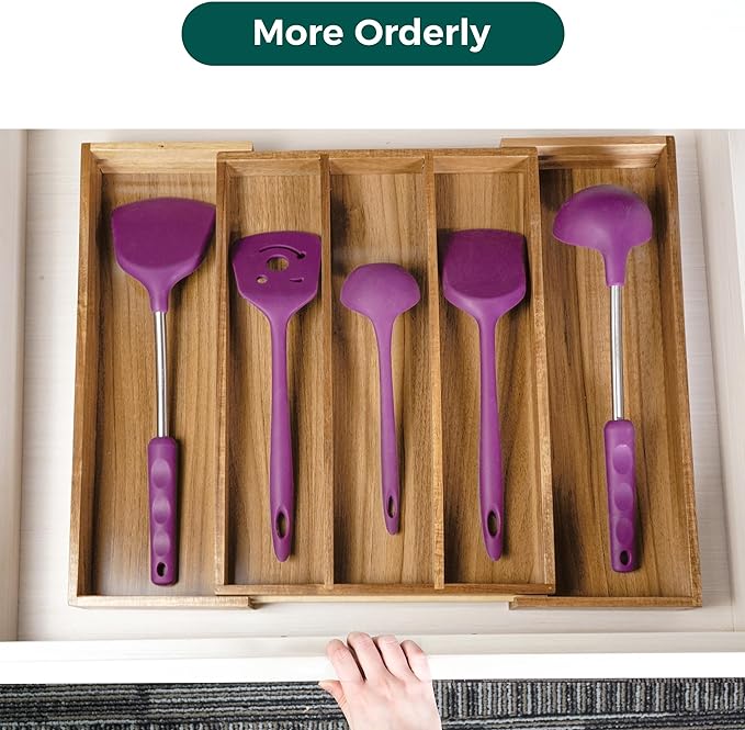 Utoplike Acacia Kitchen Drawer Organizer Expandable, Large Utensils and Cutlery - Image 4