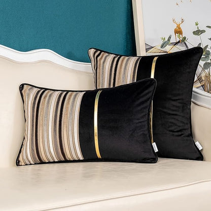 Yangest Black Striped Patchwork Throw Pillow Cover Gold Leather Cushion Cover Zippered Pillowcase for Sofa Couch Bedroom Living Room Home Decoration,20x20 Inch