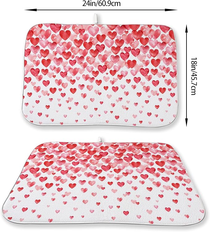 Valentines Dish Drying Mat 18x24 Inch Watercolor Red Pink Love Hearts Drying - Image 2
