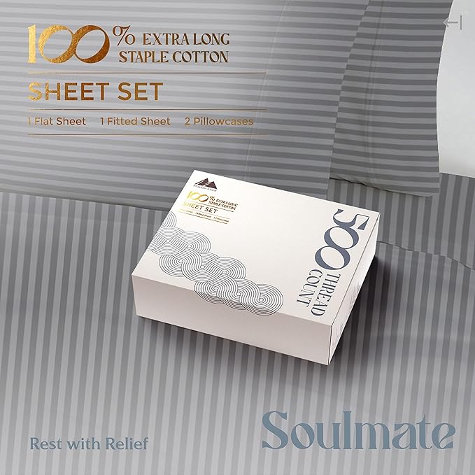 Mayfair Linen 100% Cotton Striped Sheets Queen Size Bed Set - 500 Thread Count Damask Sheets Queen Size 4 PC Set (Dark Grey Stripe), Soft, Cooling, Sateen Weave Hotel-Quality 16" Deep Pocket Bedsheet