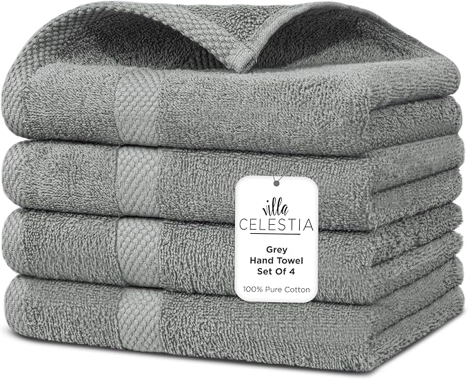 100% Cotton Hand Towel Set of 4, Sustainable, Highly Absorbent, Quick Drying by VillaCelestia