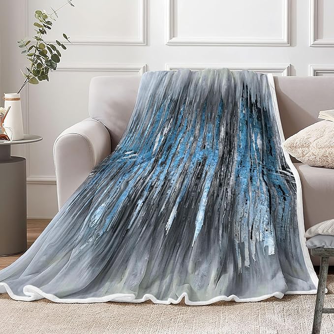 Abstract Throw Blankets, Modern Blue Gold CrackNon Cozy Warm Bed Couch Blanket, Stripe Contemporary Abstract Painting White Fleece Flannel Throws to Decorate The Room and Bedroom