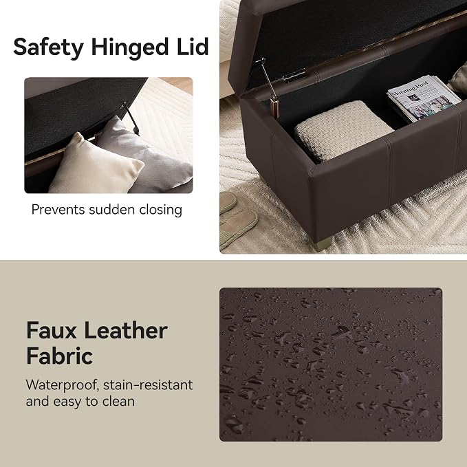 51" Faux Leather Storage Ottoman, Stitch Tufted Rectangle Upholstered End of - Image 5