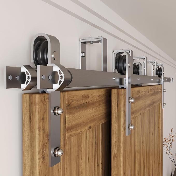 Homacer Brushed Nickel Double Track U-Shape Bypass Sliding Barn Door Hardware - Image 2