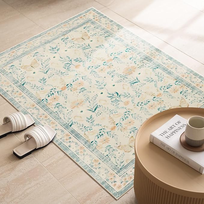Door Mat Floral Entryway Rug, Washable Samll 2x3 Rug, Boho Beige Front Door Mat - Image 3