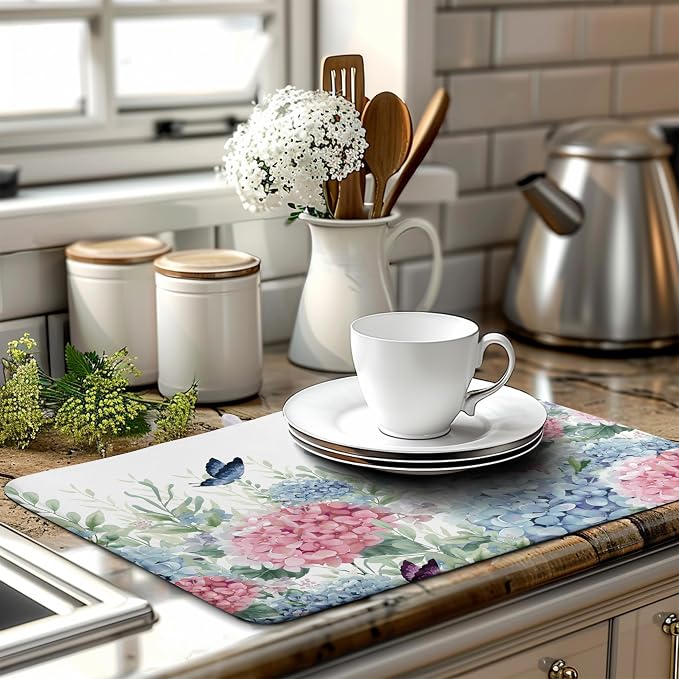 Spring Flowers Dish Drying Mat for Kitchen Counter Blue Pink Hydrangea Floral - Image 6