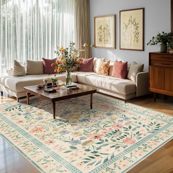 Floral Rug for Living Room Bedroom, 5x7 Washable Rug, Large Non Slip Low Pile - Image 9