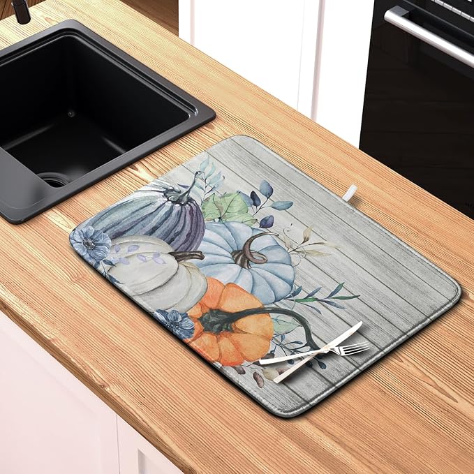 Fall Blue Orange Grey Pumpkin Kitchen Dish Drying Mat - Image 6