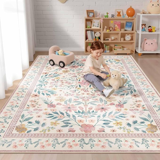 Pink Rug for Living Room Bedroom, 5x7 Washable Floral Rug, Vintage Boho Area Rug - Image 2
