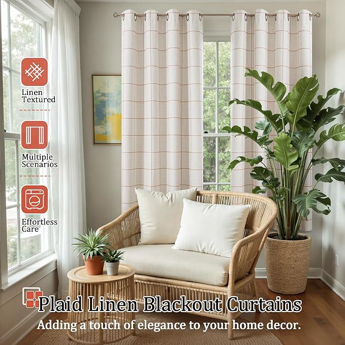 Linen Blackout Curtains for Bedroom - Boho Plaid Curtains Thermal Insulated, Pattern Printed Rustic Drapes Window Treatments for Farmhouse, 52x63 Inch 2 Panels, Terracotta