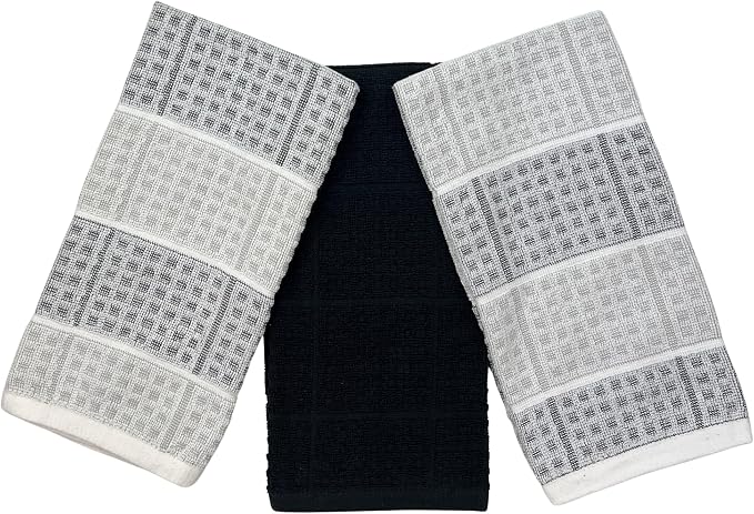 Black Gray Kitchen Dish Towels- Set of 3 100% Cotton Cloth Soft Cleaning Drying by SerafinaHome