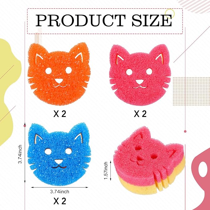6 Pcs Cat Dual Sided Scrub Cleaning Sponges Cute Temperature Sensitive Dish - Image 2