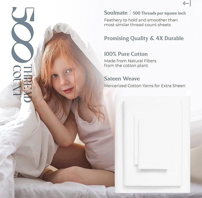Mayfair Linen Twin Sheet Sets Cotton - 500 Thread Count 100% Cotton Twin Sheets, 3 PC (White), Luxury Soft, Breathable, Cooling, Extra Large 16" Deep Pocket Sateen Weave Bedsheet Set for Dorm Rooms