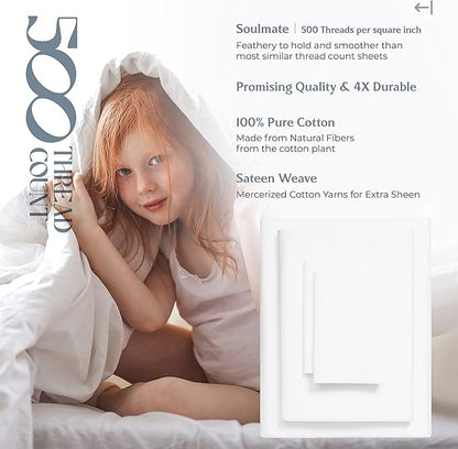 Mayfair Linen Twin Sheet Sets Cotton - 500 Thread Count 100% Cotton Twin Sheets, 3 PC (White), Luxury Soft, Breathable, Cooling, Extra Large 16" Deep Pocket Sateen Weave Bedsheet Set for Dorm Rooms