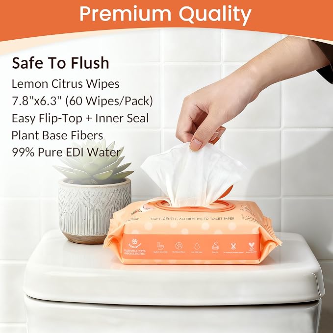 WONDERFUL Flushable Butt Wipes, Lemon Citrus 100% Plant-Based Wet Wipes - Image 2