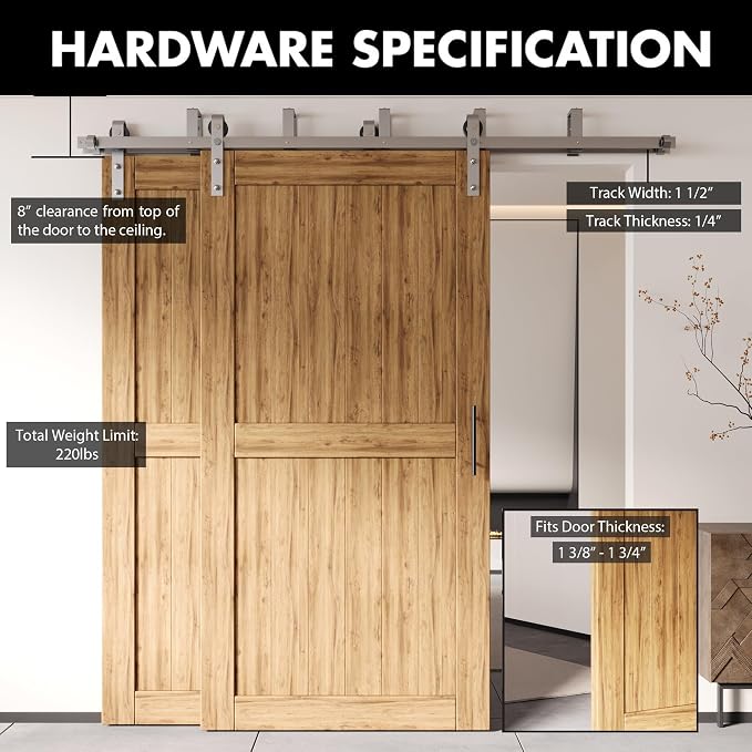 Homacer Brushed Nickel Double Track U-Shape Bypass Sliding Barn Door Hardware - Image 3