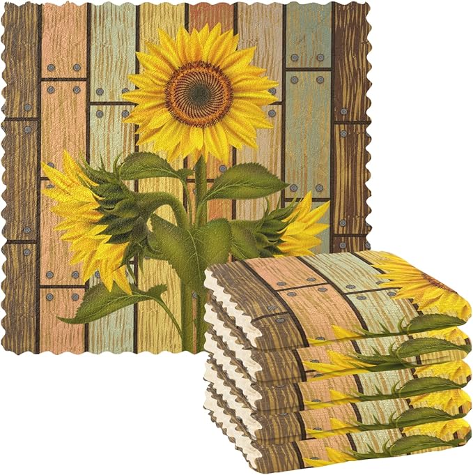 ALAZA Dish Towels Kitchen Cleaning Cloths Sunflower On Wooden Board Vintage by ALAZA