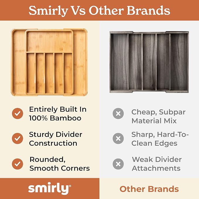 SMIRLY Silverware Drawer Organizer – Bamboo Kitchen Drawer Organizer, - Image 4
