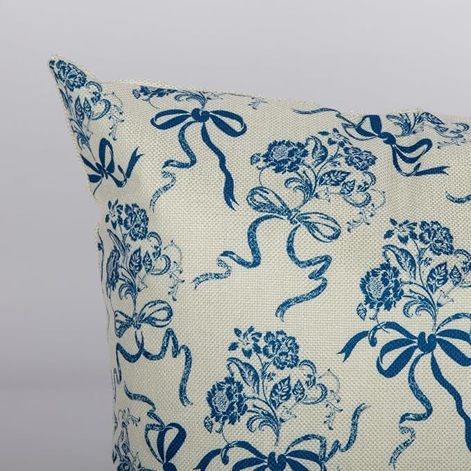 Vintage Blue Flower Pillow Cover 18x 18 Set of 2, Chinoiserie Floral Bow Decorative Linen Pillow Cushion Case,Modern Home Decor for Outdoor Couch Bedroom Car
