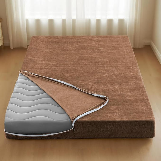 H.VERSAILTEX Twin Size Armless Futon Mattress Covers for Traditional Japanese Futon Mattress Soft Chenille Couch Slipcovers Floor Mats Sofa Protector Zippered Sleeper Sofa Cover,Caramel