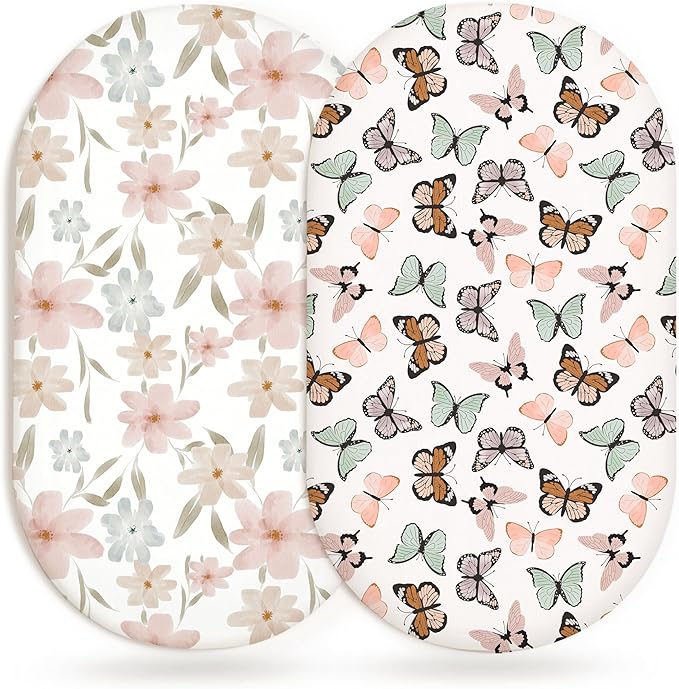 Bassinet Sheets for Baby Girls Boys 2 Pack, Fitted Baby Mattress Sheet for Rectangle, Oval, Hourglass Bassinet Mattress, Breathable Cozy & Universal Fit (Butterfly Dance)