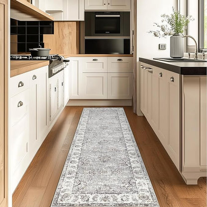 jinchan Fiora Runner Rug 2x6 Machine Washable Hallway Rug Grey Vintage Floral Print Non-Slip Low Pile Ultra-Thin for Kitchen, Entryway, Laundry Room, Bedroom, Farmhouse (2‘x6’, Grey)
