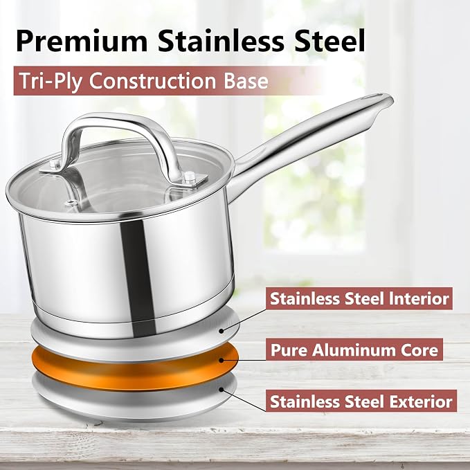 E-far 1 Quart Saucepan with Lid, Stainless Steel Small Sauce Pan Boiling Pot - Image 6