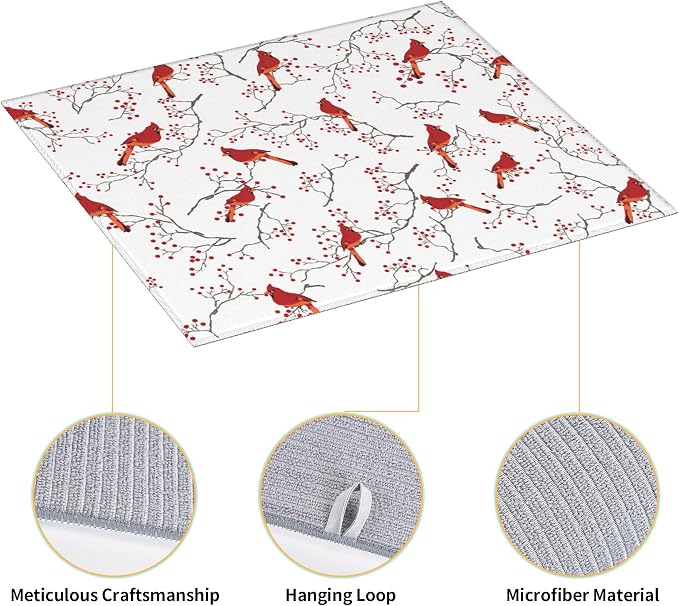 Cardinal Bird Red Berry Decor Kitchen Drying Mat Cute Microfiber Dish Drainer - Image 3