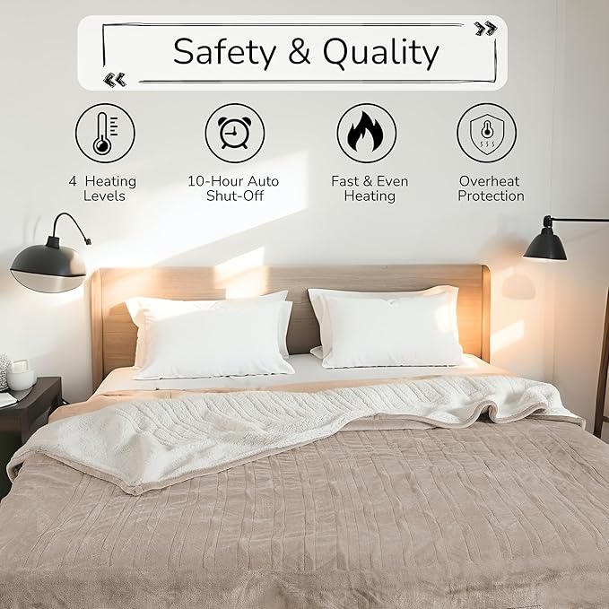 Electric Heated Blanket Queen Size 84"x90" - Dual-Sided with Microplush & Sherpa Fabric, 4 Heat Settings & 10 Hours Auto Off, Dual Controller, Machine Washable - Light Brown